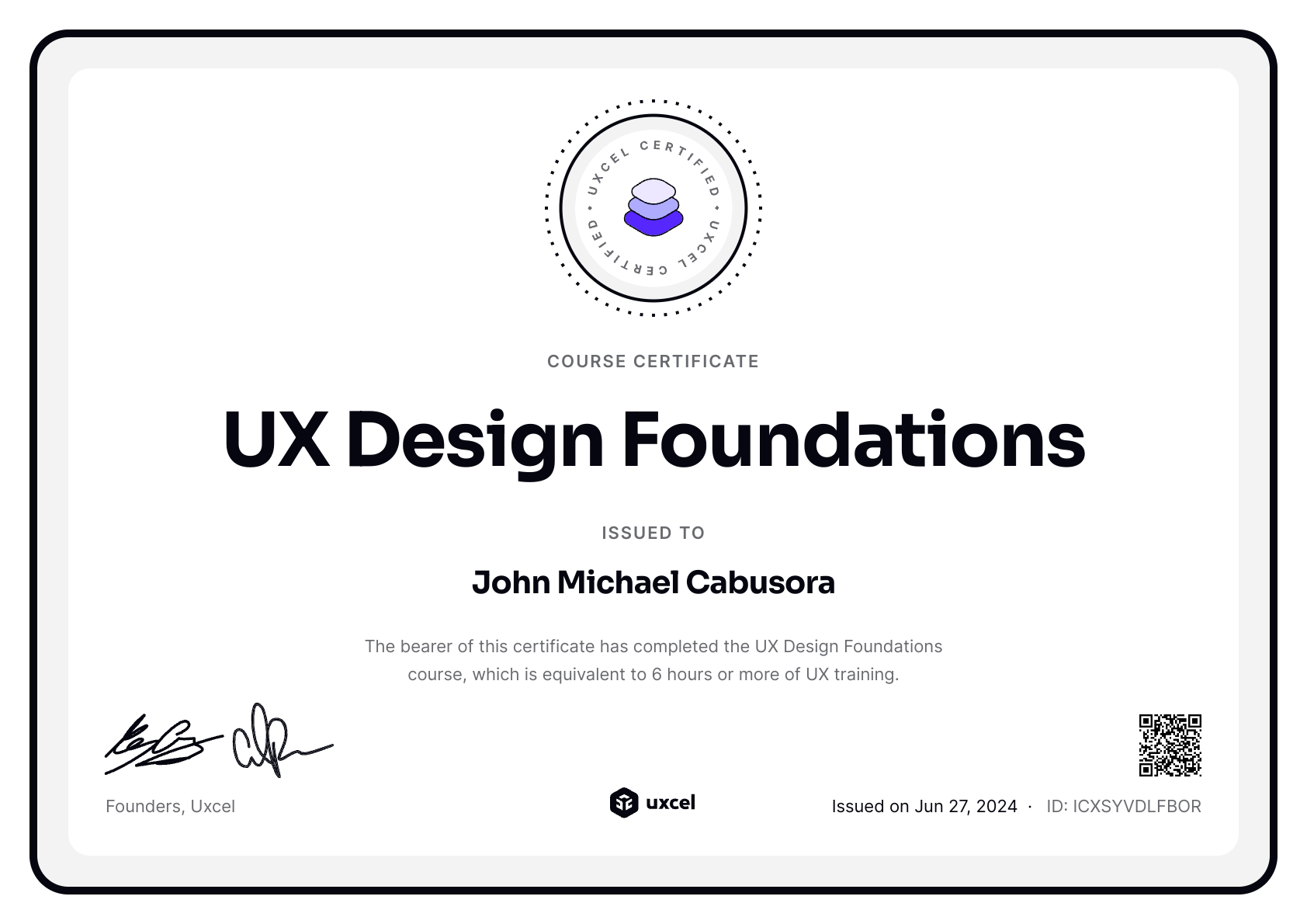 John Michael Cabusora's certificate